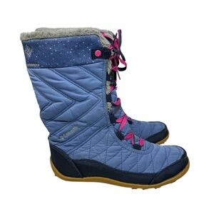 COLUMBIA Womens Sz 6 Minx Mid III Print Omni-Heat Snow Boots Blue/Pink Insulated